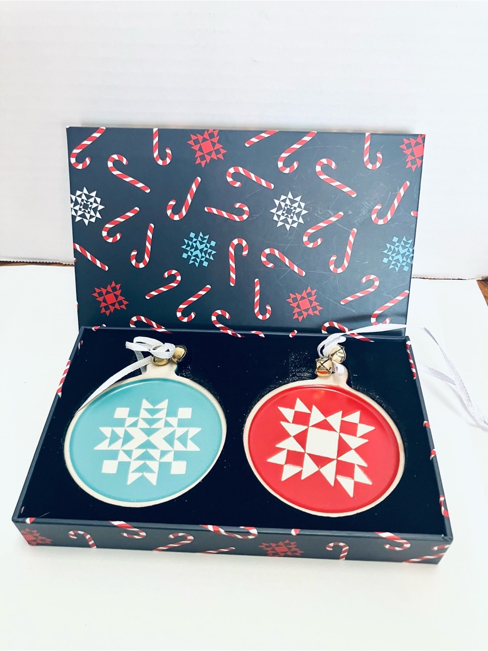 Missouri Star Quilt Company Boxed Set Ornaments Red Blue Stoneware